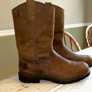 Georgia Boot Company, size 11. Worn one time, they are to small for my husband